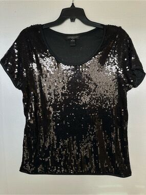 august silk Black Sequin Short Sleeve Scoop Neck Top